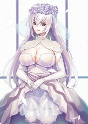 Rule 34 | 1girl, breasts, bridal veil, brown eyes, capelet, cleavage, clothes lift, collarbone, commentary request, dress, dress lift, elbow gloves, flower, gloves, hair between eyes, hair flower, hair ornament, huge breasts, idolmaster, idolmaster cinderella girls, jewelry, long hair, looking at viewer, open mouth, panties, purple flower, purple rose, ring, rose, ryo (sora-ryu), see-through, silver hair, solo, strapless, strapless dress, takamine noa, underwear, veil, wedding band, wedding dress, white capelet, white dress, white gloves