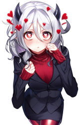 Rule 34 | 1girl, absurdres, black jacket, black skirt, blush, breasts, closed mouth, demon horns, formal, hair between eyes, hands up, heart, heart-shaped pupils, helltaker, highres, horns, jacket, long sleeves, looking at viewer, medium breasts, modeus (helltaker), pantyhose, parted bangs, pencil skirt, red eyes, red pantyhose, red sweater, ribbed sweater, silver hair, simple background, skirt, sleeves past wrists, solo, suit, sweater, symbol-shaped pupils, the cold, turtleneck, turtleneck sweater, white background