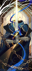 Rule 34 | 1boy, a knight (reverse:1999), armor, artist name, blue cape, brown background, cape, chain, chinese commentary, diffraction spikes, elyoncat, english text, facing viewer, gauntlets, highres, holding, holding sword, holding weapon, invisible, light, male focus, multicolored background, ornate armor, reverse:1999, sword, sword in front of face, textless version, unsheathed, upper body, weapon