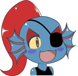 Rule 34 | 1girl, :3, :d, bare shoulders, blue skin, blush stickers, chibi, colored sclera, colored skin, eyepatch, eyeshadow, fangs, fins, grey eyes, gyate gyate, head fins, makeup, monster girl, open mouth, pierre-luc st-laurent, ponytail, portrait, red hair, shirt, simple background, sleeveless, sleeveless shirt, smile, solo, tank top, teeth, undertale, undyne, upper body, white background, yellow sclera