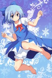 Rule 34 | 1girl, barefoot, bloomers, blue background, blue eyes, blue hair, bow, cirno, dress, flying, gradient background, hair bow, highres, leg up, looking at viewer, matching hair/eyes, puffy short sleeves, puffy sleeves, ribbon, short hair, short sleeves, smile, snowflakes, solo, takojiru, touhou, underwear, wings