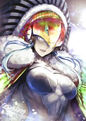 152_in_can 1girl absurdres breasts cape dated fate/grand_order fate_(series) fur-trimmed_cape fur_trim grey_hair helmet highres kukulkan_(fate) kukulkan_(third_ascension)_(fate) large_breasts long_hair sideless_outfit signature