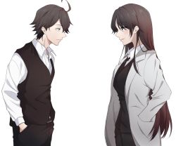Rule 34 | 1boy, 1girl, aged up, ahoge, belt, black background, black vest, blue eyes, check commentary, coat, collared shirt, commentary, commentary request, hands in pockets, highres, hikigaya hachiman, hiratsuka shizuka, jacket, lab coat, light (lightpicture33), long hair, looking at another, open clothes, open coat, shirt, short hair, smile, teacher, time paradox, vest, white background, white shirt, yahari ore no seishun lovecome wa machigatteiru.