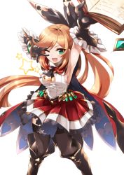 Rule 34 | 10s, 1girl, ;d, arm up, armpits, blonde hair, book, boots, breasts, cape, clarisse (granblue fantasy), ascot, elbow gloves, fang, gloves, granblue fantasy, green eyes, highres, knee boots, long hair, one eye closed, open mouth, sideboob, skirt, smile, solo, star (symbol), thighhighs, v, v over eye, very long hair, wasanbon (atwazooka), zettai ryouiki