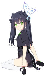 Rule 34 | 1girl, animal ear fluff, animal ears, black dress, black footwear, black hair, blue archive, blush, breasts, china dress, chinese clothes, dress, green eyes, hair ornament, halo, highres, long hair, looking at viewer, looking back, short sleeves, shun (blue archive), shun (small) (blue archive), side slit, small breasts, smile, solo, thighhighs, tiger ears, tiger girl, tomohiro kai, two side up, white thighhighs