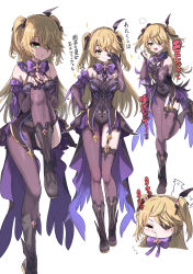 Rule 34 | 1girl, :o, absurdres, bare shoulders, black footwear, black leotard, black nails, blonde hair, blush, boots, bow, breasts, bridal gauntlets, brown thighhighs, closed mouth, commentary request, eyepatch, fischl (genshin impact), flying sweatdrops, genshin impact, green eyes, hair over one eye, hands on own knee, highres, knee up, leotard, long hair, medium breasts, multiple views, nail polish, open mouth, parted lips, pizzasi, purple bow, simple background, single leg pantyhose, single thighhigh, smile, sparkle, standing, standing on one leg, tears, thighhighs, thighhighs under boots, translation request, two side up, very long hair, wavy mouth, white background
