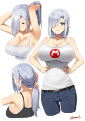 Rule 34 | 1girl, aqua eyes, armpits, back, black bra, bra, breasts, cleavage, closed mouth, denim, closed eyes, feet out of frame, girls&#039; frontline, hair over one eye, hand in own hair, hands in hair, hands on own hips, highres, jeans, kion-kun, large breasts, long hair, looking at viewer, mg5 (girls&#039; frontline), pants, shirt, silver hair, smile, solo, twitter username, underwear, white background, white shirt