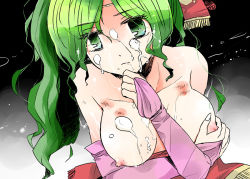 Rule 34 | 1990s (style), 1girl, bare shoulders, breasts, bridal gauntlets, cum, cum on body, cum on breasts, cum on upper body, facial, female focus, final fantasy, final fantasy vi, gradient background, green eyes, green hair, long hair, matching hair/eyes, nipples, p 18, ponytail, red ribbon, retro artstyle, ribbon, solo, tiara, tina branford, topless frame, upper body