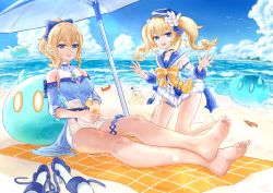 Rule 34 | 2girls, :d, absurdres, barbara (genshin impact), barbara (summertime sparkle) (genshin impact), bare legs, bare shoulders, barefoot, beach towel, beach umbrella, blonde hair, blue bow, blue choker, blue eyes, blue footwear, blue sailor collar, blue sky, bow, breasts, choker, cloud, crab, day, detached sleeves, flower, genshin impact, hair between eyes, hair bow, hair flower, hair ornament, hat, highres, jean (genshin impact), jean (sea breeze dandelion) (genshin impact), kneeling, long hair, looking at viewer, medium breasts, medium hair, multiple girls, ocean, open mouth, outdoors, ponytail, sailor collar, sand castle, sand sculpture, sandals, unworn sandals, short shorts, shorts, siblings, sisters, sitting, sky, smile, thighs, towel, twintails, uep, umbrella, water, white flower, white shorts, yellow bow