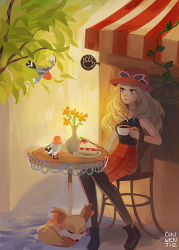 Rule 34 | 1girl, awning, bird, black footwear, black pantyhose, breasts, cake, chair, chuwenjie, commentary, creature, creatures (company), cup, english commentary, fennekin, fletchling, flower, flying, food, full body, game freak, gen 6 pokemon, hat, holding, holding cup, long hair, nintendo, pantyhose, plate, pokemon, pokemon (creature), pokemon xy, porkpie hat, serena (pokemon), signature, sitting, sleeping, small breasts, sunglasses, table, teacup, tree