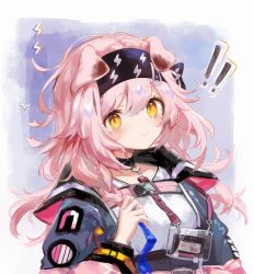 Rule 34 | !, !!, 1girl, animal ears, arknights, black choker, black headwear, blush, braid, cat ears, choker, closed mouth, commentary, english commentary, female focus, goldenglow (arknights), gradient background, highres, id card, jacket, lightning bolt print, lightning bolt symbol, long hair, long sleeves, looking at viewer, multicolored clothes, multicolored jacket, open clothes, open jacket, pink hair, purple background, shirt, side braid, solo, spacelongcat, tearing up, tears, two-tone jacket, upper body, white shirt, yellow eyes