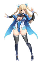 Rule 34 | 1girl, black footwear, blonde hair, blue cape, blue leotard, blush, boots, breasts, cape, clothing cutout, commission, covered navel, full body, hair between eyes, hair ornament, hand up, high heel boots, high heels, highres, large breasts, leotard, long hair, long sleeves, looking at viewer, numako (pizza kanon), open mouth, outstretched arm, phantasy star, phantasy star online 2, red eyes, second-party source, simple background, skeb commission, solo, standing, tachi-e, thigh boots, two-tone leotard, two side up, underboob, underboob cutout, white background, white leotard, yuu sagi