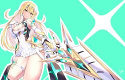 Rule 34 | 1girl, aegis sword (xenoblade), bare legs, bare shoulders, blonde hair, breasts, chest jewel, cleavage, cleavage cutout, clothing cutout, daive, dress, earrings, elbow gloves, gloves, highres, jewelry, large breasts, long hair, mythra (xenoblade), short dress, solo, swept bangs, thigh strap, tiara, very long hair, white dress, white gloves, xenoblade chronicles (series), xenoblade chronicles 2, yellow eyes