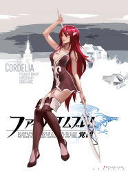 Rule 34 | 1girl, artist name, aztodio, boots, breasts, character name, cleavage, commentary, copyright name, cordelia (fire emblem), dress, english commentary, english text, fire emblem, fire emblem awakening, full body, garter straps, grin, hair ornament, highres, holding, holding polearm, holding spear, holding weapon, lips, long hair, looking at viewer, nintendo, photoshop (medium), polearm, red eyes, red hair, short dress, smile, solo, spear, teeth, thigh boots, thighhighs, thighs, very long hair, weapon, wing hair ornament, zettai ryouiki