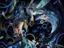 Rule 34 | 1girl, abstract, armpits, blurry, colorful, dark, detached sleeves, green hair, hatsune miku, highres, long hair, looking at viewer, open mouth, pleated skirt, sketch, skirt, solo, tentsu, texture, upside-down, very long hair, vocaloid, water