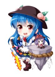 Rule 34 | 1girl, apron, black headwear, blue hair, blue skirt, boots, brown footwear, character doll, chibi, collared shirt, commentary request, flaming sword, flaming weapon, frilled skirt, frills, full body, hat, highres, hinanawi tenshi, keystone, long hair, nagae iku, open mouth, peach hat ornament, puffy short sleeves, puffy sleeves, rainbow order, red eyes, ruu (tksymkw), shirt, short sleeves, skirt, standing, sun hat, sword of hisou, teeth, touhou, upper teeth only, very long hair, white apron, white shirt, | |
