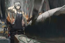 Rule 34 | 1boy, ahoge, animal ears, apron, arknights, bags under eyes, bear boy, bear ears, cowboy shot, fish, grey hair, highres, jaye (arknights), jewelry, knife, male focus, naked apron, necklace, octopus, qingpu liang, ring, ring necklace, scar, scar on arm, scratching head, short hair, solo, topless male, tuna