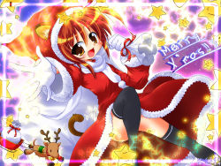 Rule 34 | 1girl, animal ears, black thighhighs, brown hair, cat ears, cat tail, christmas, dress, fang, gloves, looking at viewer, santa costume, sleigh, solo, soutou, tail, thighhighs, wallpaper, white gloves
