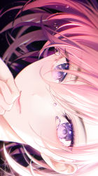 Rule 34 | 1girl, black background, blush, close-up, closed mouth, crying, crying with eyes open, eyelashes, flying teardrops, gomzi, hair between eyes, hand to own mouth, lips, looking at viewer, original, pink hair, purple eyes, sideways, signature, solo, tears