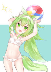 Rule 34 | 1girl, :d, absurdres, animal ear fluff, animal ears, armpits, arms up, azur lane, ball, bare arms, bare shoulders, beachball, bikini, blue background, blush, breasts, collarbone, commentary request, gluteal fold, green eyes, green hair, hair between eyes, hairband, highres, holding, holding ball, isokaze (azur lane), long hair, natsu (sinker8c), navel, open mouth, small breasts, smile, solo, sparkle, standing, swimsuit, tail, thick eyebrows, two-tone background, very long hair, white background, white bikini, white hairband