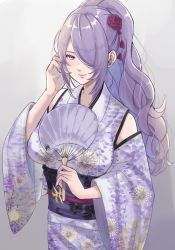 Rule 34 | 1girl, alternate costume, alternate hairstyle, camilla (fire emblem), closed mouth, commentary request, detached sleeves, fire emblem, fire emblem fates, floral print, flower, hair flower, hair ornament, hair over one eye, hand fan, highres, holding, holding fan, japanese clothes, kimono, lips, long hair, looking at viewer, nintendo, obi, one eye covered, paper fan, pink lips, ponytail, print kimono, purple eyes, purple hair, red flower, red rose, rose, sash, sidelocks, simple background, smile, snow20200, solo, twitter username, very long hair, wavy hair, yukata