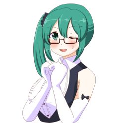 Rule 34 | .live, 1girl, absurdres, bare shoulders, black-framed eyewear, black vest, blush, breasts, buttons, collared shirt, cropped torso, dress shirt, elbow gloves, glasses, gloves, green eyes, green hair, hair between eyes, highres, kagura suzu (.live), large breasts, long hair, looking at viewer, one eye closed, open mouth, own hands together, ribbon-trimmed gloves, ribbon trim, semi-rimless eyewear, shirt, side ponytail, sleeveless, sleeveless shirt, smile, solo, transparent background, under-rim eyewear, upper body, vest, virtual youtuber, white gloves, white shirt, zi-gaden