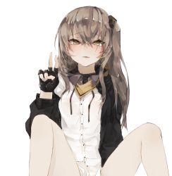 Rule 34 | blouse, bottomless, brown hair, embarrassed, fingerless gloves, girls&#039; frontline, gloves, hair between eyes, half-closed eyes, highres, ik, long hair, out-of-frame censoring, ponytail, shirt, simple background, sitting, solo, spread legs, ump45 (girls&#039; frontline), v, white background, white shirt