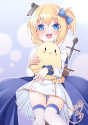 Rule 34 | 1girl, :d, aiguillette, animal, animal hug, azur lane, bird, blonde hair, blue background, blue capelet, blue eyes, blue ribbon, blush, bow, buttons, capelet, chick, coat dress, commentary request, cowboy shot, dress, gold trim, hair between eyes, hair bow, hair ornament, highres, hug, knees together feet apart, little renown (azur lane), long sleeves, looking at viewer, manjuu (azur lane), one side up, open mouth, origami aya, ribbon, short hair, sidelocks, signature, smile, solo focus, standing, sword, sword behind back, teeth, thighhighs, upper teeth only, weapon, white dress, white thighhighs, zettai ryouiki