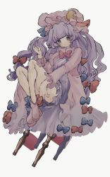 Rule 34 | 1girl, chair, crescent, crescent hat ornament, dress, hat, hat ornament, highres, inkopico, knees to chest, long dress, long hair, long sleeves, looking at viewer, mob cap, patchouli knowledge, purple eyes, purple hair, simple background, solo, striped clothes, striped dress, touhou, vertical-striped clothes, vertical-striped dress, very long hair, white background