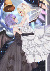 Rule 34 | 2girls, alternate costume, alternate headwear, arm rest, bare shoulders, bat wings, bell, black dress, black flower, black gloves, black rose, black vs white, black wedding dress, blonde hair, bridal veil, commentary, dress, elbow gloves, eye contact, fang, fang out, feet out of frame, female focus, flandre scarlet, flower, from side, full moon, gloves, hair flower, hair ornament, hair ribbon, head tilt, highres, incest, lifting person, looking at another, looking down, looking up, moon, multiple girls, night, night sky, one side up, open mouth, petals, profile, purple hair, red eyes, remilia scarlet, remitei03, ribbon, rose, short hair, sky, smile, standing, star (sky), starry sky, strapless, strapless dress, symbol-only commentary, tiara, touhou, veil, wedding dress, white dress, white flower, white gloves, white rose, wife and wife, wings, yuri