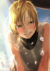Rule 34 | 1girl, black one-piece swimsuit, blonde hair, blush, grey shirt, highres, kilye kairi, looking at viewer, one-piece swimsuit, original, shirt, short hair, smile, solo, swimsuit, swimsuit under clothes, wet, yellow eyes