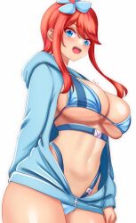 Rule 34 | 1girl, :d, anisdrawn, bikini, blue bikini, blue eyes, blue jacket, blush, breasts, commentary, cowboy shot, creatures (company), game freak, highres, hood, hooded jacket, jacket, large breasts, long hair, long sleeves, looking at viewer, navel, nintendo, open clothes, open jacket, open mouth, pokemon, pokemon bw, red hair, sidelocks, simple background, skyla (pokemon), smile, solo, standing, stomach, swimsuit, thighs, white background