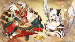 Rule 34 | 1boy, 1girl, angel wings, armor, bowl, chopsticks, dragalia lost, eating, food, fudo myo-o, grey eyes, hair over one eye, holding, holding bowl, holding chopsticks, japanese armor, looking at another, noodles, off shoulder, official art, pointy ears, shrimp, shrimp tempura, singen (dragalia lost), tempura, tiger, white hair, wings