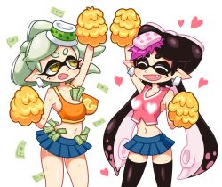 Rule 34 | + +, 2girls, callie (splatoon), arm up, between breasts, black legwear, blue skirt, breasts, cheerleader, cleavage, collarbone, crop top, cropped legs, covered erect nipples, fang, food, food on head, holding, marie (splatoon), looking at another, miniskirt, mole, money, multiple girls, navel, nintendo, object on head, pink shirt, pleated skirt, pointy ears, pom pom (cheerleading), shirt, skirt, smile, splatoon (series), stomach, sweat, tank top, tentacle hair, thighhighs, yellow eyes, yellow shirt, yuta agc