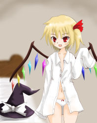 Rule 34 | 1girl, bad id, bad pixiv id, bed, blonde hair, dress shirt, female focus, flandre scarlet, hat, no pants, oversized clothes, panties, ponytail, red eyes, shirt, side ponytail, smile, solo, sumapan, touhou, unbuttoned, underwear, white panties, wings, witch hat