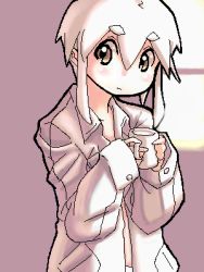Rule 34 | 1girl, blush, brown eyes, cup, lowres, monochrome, oekaki, open clothes, open shirt, pink background, pink theme, shirt, solo, white hair, white shirt, window