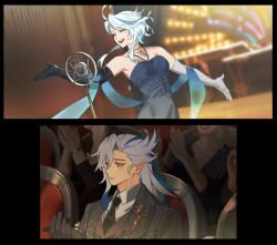 Rule 34 | 1boy, 1girl, aged up, applause, asymmetrical gloves, black gloves, black necktie, blue dress, blue hair, breasts, clapping, closed eyes, dress, elbow gloves, furina (genshin impact), gajyago, genshin impact, gloves, grey hair, hair between eyes, highres, jewelry, medium breasts, mismatched gloves, multicolored hair, necklace, necktie, neuvillette (genshin impact), open mouth, pointy ears, shirt, stage, teeth, upper teeth only, white gloves, white hair, white shirt