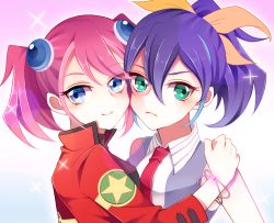 Rule 34 | 2girls, blue eyes, blue hair, bow, bracelet, bracelet girls, cosplay, costume switch, frown, green eyes, hair bow, hand on another&#039;s shoulder, hiiragi yuzu, hiiragi yuzu (cosplay), jewelry, lionrose, multicolored hair, multiple girls, necktie, pink hair, ponytail, serena (yu-gi-oh!), serena (yu-gi-oh!) (cosplay), short twintails, smile, twintails, two-tone hair, yu-gi-oh!, yu-gi-oh! arc-v
