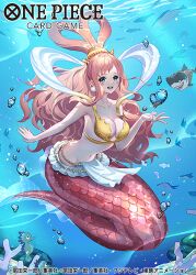Rule 34 | 1girl, bikini, blue eyes, blush, breasts, bubble, cleavage, commentary request, copyright name, coral reef, earrings, ekusiun, fish, giant, giantess, hagoromo, half updo, jewelry, large breasts, long hair, looking at viewer, megalo, mermaid, monster girl, official art, one piece, one piece card game, open mouth, pink hair, seahorse, shark, shawl, shell, shell earrings, shirahoshi, swimsuit, underwater, very long hair, yellow bikini