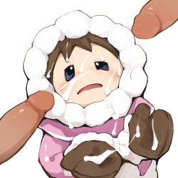 Rule 34 | 1girl, 2boys, blue eyes, blush, brown gloves, brown hair, cum, cum on clothes, cum on hair, erection, facial, gloves, highres, hood, hood up, ice climber, mittens, multiple boys, nana (ice climber), nintendo, parka, parted lips, penis, simple background, solo focus, uncensored, white background, winter clothes, youjo modoki