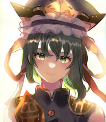 Rule 34 | 1girl, balance scale, closed mouth, epaulettes, frilled hat, frills, green eyes, green hair, hat, highres, hikage (0hi kageo), looking at viewer, one-hour drawing challenge, rod of remorse, shiki eiki, short hair, simple background, smile, solo, touhou, upper body, weighing scale, white background