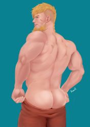 Rule 34 | 1boy, absurdres, artist name, ass, ass focus, back, bara, beard, blonde hair, blue background, braid, braided ponytail, brown eyes, butt crack, clothes pull, dressing, facial hair, fire emblem, fire emblem: three houses, from behind, highres, jeralt reus eisner, looking back, male focus, muscular, nintendo, orange pants, pants, pants pull, parted lips, scar, topless male, simple background, solo, standing, xhromer