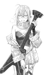 Rule 34 | 1girl, alternate costume, aoha, artoria pendragon (fate), blush, fate/grand order, fate (series), glasses, greyscale, guitar, highres, instrument, looking at viewer, monochrome, mysterious heroine x alter (fate), nipi27, simple background, smile, solo, sweat, white background