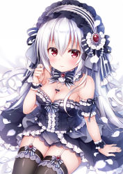 Rule 34 | 1girl, arm support, bare shoulders, black bow, black dress, black thighhighs, blush, bow, breasts, cleavage, closed mouth, commentary request, detached sleeves, dress, frilled hairband, frills, garter straps, gothic lolita, hair between eyes, twirling hair, hairband, jewelry, lolita fashion, long hair, looking at viewer, medium breasts, mitsuba choco, original, pendant, puffy short sleeves, puffy sleeves, red eyes, short sleeves, silver hair, sitting, solo, strapless, strapless dress, striped bow, striped clothes, striped hairband, thighhighs, very long hair, wrist cuffs