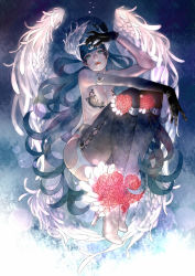 Rule 34 | 1girl, angel wings, aqua eyes, arm up, bad id, bad pixiv id, blue hair, blue theme, boots, breasts, elbow gloves, female focus, flower, full body, gloves, gradient background, head wings, high heels, large breasts, lipstick, long hair, makeup, original, rose, shoes, single elbow glove, single glove, solo, thigh boots, thighhighs, very long hair, wings, zizizy