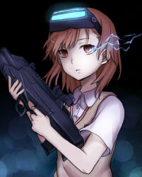 Rule 34 | 1girl, assault rifle, bare arms, blue background, brown eyes, brown hair, brown sweater, brown sweater vest, brown vest, bullpup, closed mouth, collared shirt, commentary request, dark background, electricity, electrokinesis, emblem, empty eyes, expressionless, fn eglm, fn f2000, fn gl1, glowing, goggles, goggles on head, grenade launcher, gun, hair ornament, hairclip, hands up, holding, holding gun, holding weapon, looking at viewer, medium bangs, medium hair, misaka imouto, negiko123123, night vision device, psychic, rifle, school emblem, school uniform, scope, shirt, short sleeves, sleeveless, sleeveless sweater, solo, summer uniform, sweater, sweater vest, toaru majutsu no index, toaru majutsu no index: old testament, tokiwadai school uniform, underbarrel grenade launcher, upper body, vest, weapon, white shirt