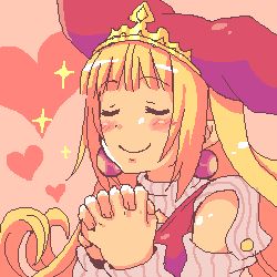 Rule 34 | 1girl, animal hat, blonde hair, blunt bangs, blush, buttons, closed eyes, crown, detached sleeves, earrings, flipped hair, happy, hat, heart, jewelry, little princess, long hair, lowres, marl kingdom, nippon ichi, oekaki, own hands clasped, own hands together, princess kururu, profile, sidelocks, simple background, smile, solo, sparkle, sparks, striped, tsuyuka (sunny spot), turtleneck, upper body, very long hair