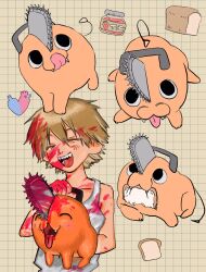 Rule 34 | 1boy, :d, ^ ^, aged down, blonde hair, blood, blood on clothes, blood on face, blush, bread, chainsaw, chainsaw man, closed eyes, denji (chainsaw man), facing viewer, food, full body, grid background, handle, heart, highres, holding, jam, looking at viewer, male focus, multiple views, open mouth, pochita (chainsaw man), poin (goruchopame), pull cord, sharp teeth, shirt, short hair, sleeveless, sleeveless shirt, smile, teeth, tongue, tongue out, upper body, white shirt