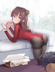 Rule 34 | 1girl, air pods, airpods, arm support, ass, bag, black pantyhose, blue skirt, blush, breasts, brown hair, cellphone, closed mouth, clothes pull, commentary request, couch, curtains, double bun, doughnut, feet out of frame, food, from behind, glasses, hair bun, heattech leotard, highres, holding, holding food, holding phone, indoors, juke, leaning forward, leotard, long hair, long sleeves, looking at viewer, looking back, medium breasts, original, pantyhose, pastry box, phone, plaid, plaid skirt, red leotard, rimless eyewear, shoulder bag, skirt, skirt pull, smartphone, solo, thighband pantyhose, turtleneck, wireless earphones
