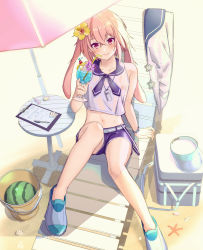 Rule 34 | 1boy, animal ears, ansel (arknights), ansel (casual vacation) (arknights), arknights, arm support, beach, beach umbrella, blush, chair, child, closed mouth, commentary request, crop top, crossed bangs, cup, drink, food, fruit, hair between eyes, highres, holding, holding cup, looking at viewer, lop rabbit ears, lounge chair, male focus, midriff, navel, official alternate costume, pen, pink eyes, pink hair, rabbit ears, sailor collar, sand, school uniform, see-through, shadow, shell, shoes, shorts, sitting, smile, solo, sunlight, sweat, trap, umbrella, watermelon, wet, wet clothes, yoruhachi
